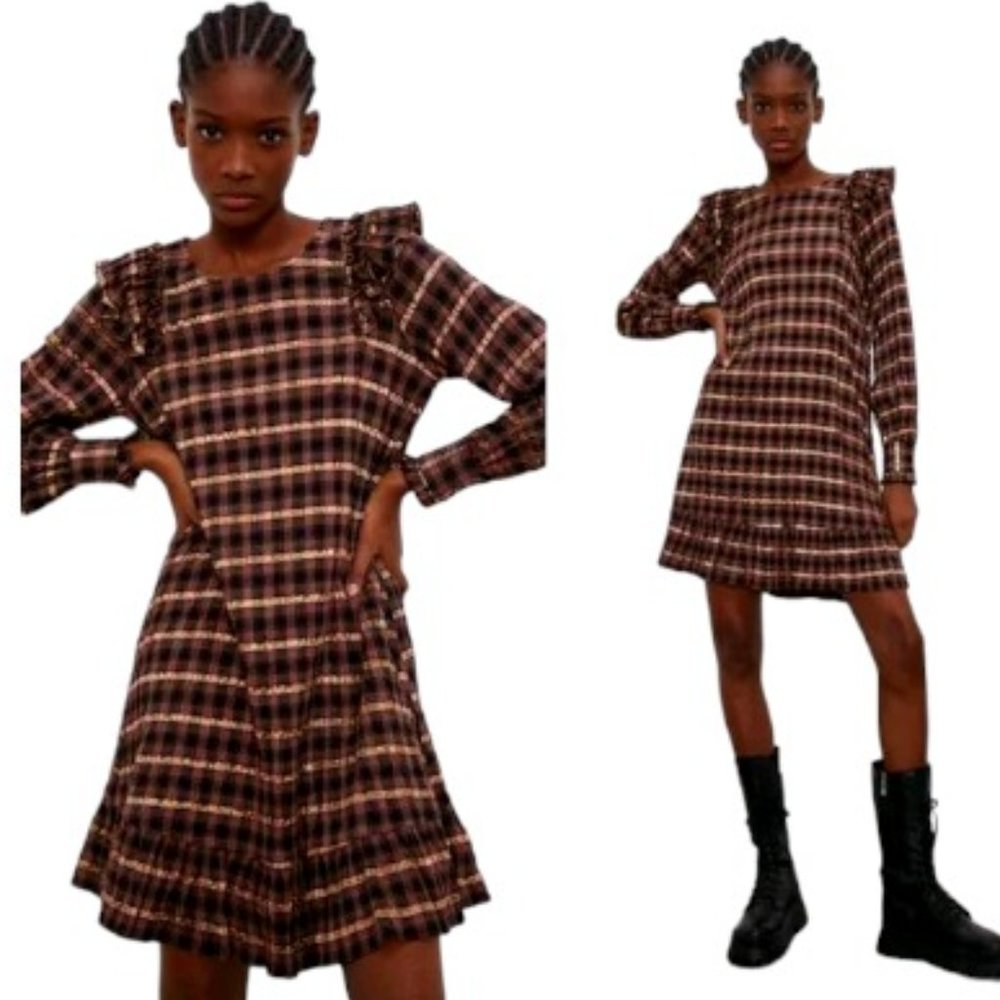 Zara Brown Plaid Ruffle Dress